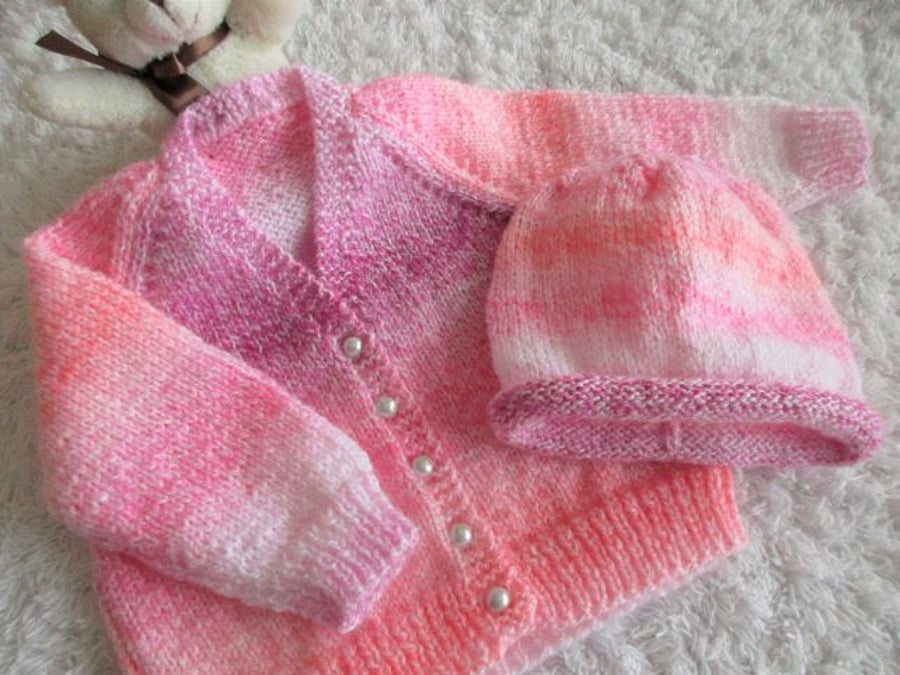 Special Order for SS 18" Baby Girls Pink Mix V Neck Cardigan and Beanie Set