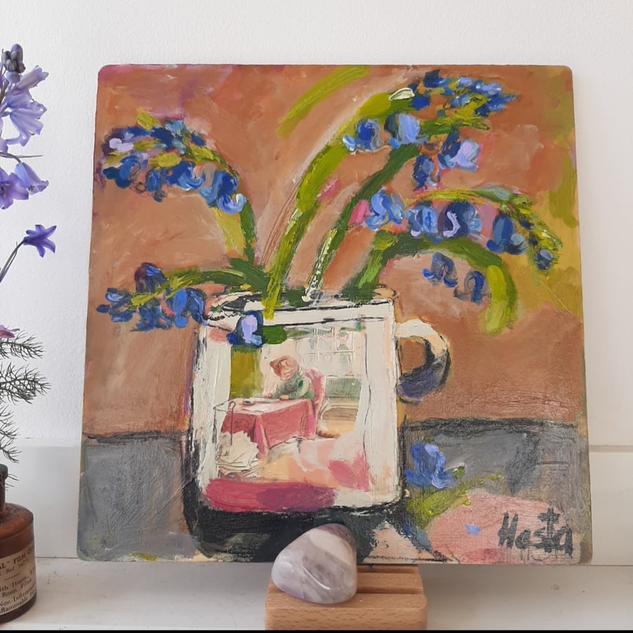 Bluebells in a jug original kitty mug painting 