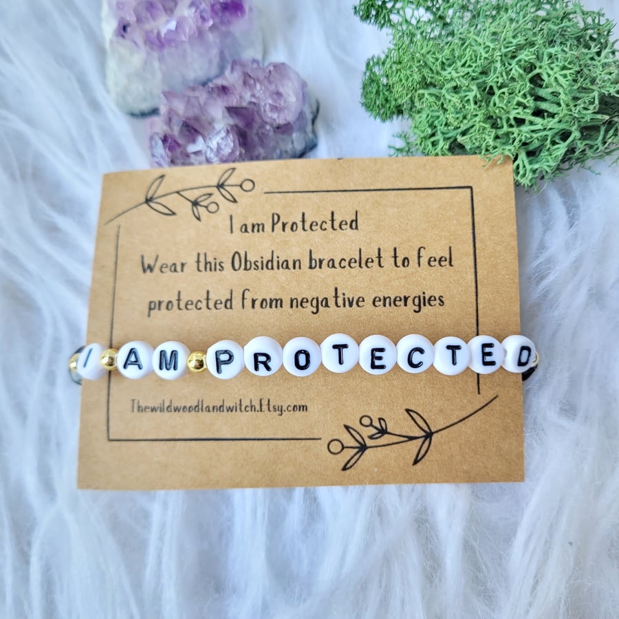 I Am Protected Obsidian Affirmation Bracelet