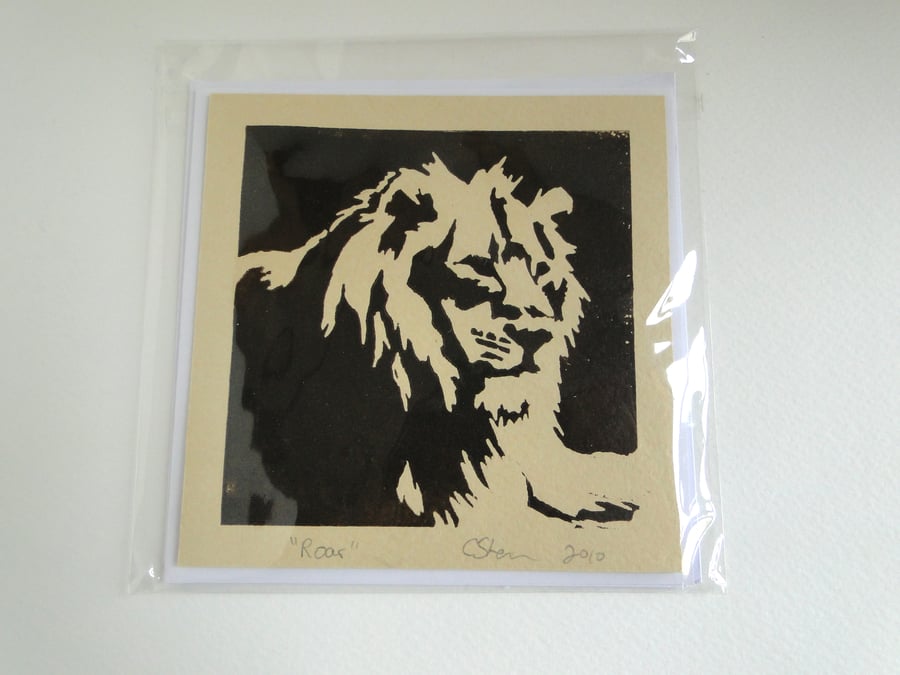 Lion Roar Cream Blank Square Lino Printed Greeting Card