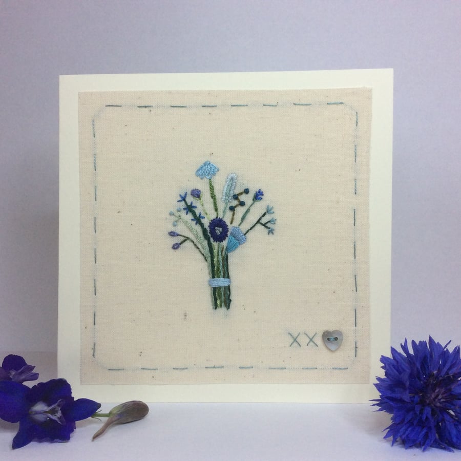 Little flower bouquet in blue hand embroidered card