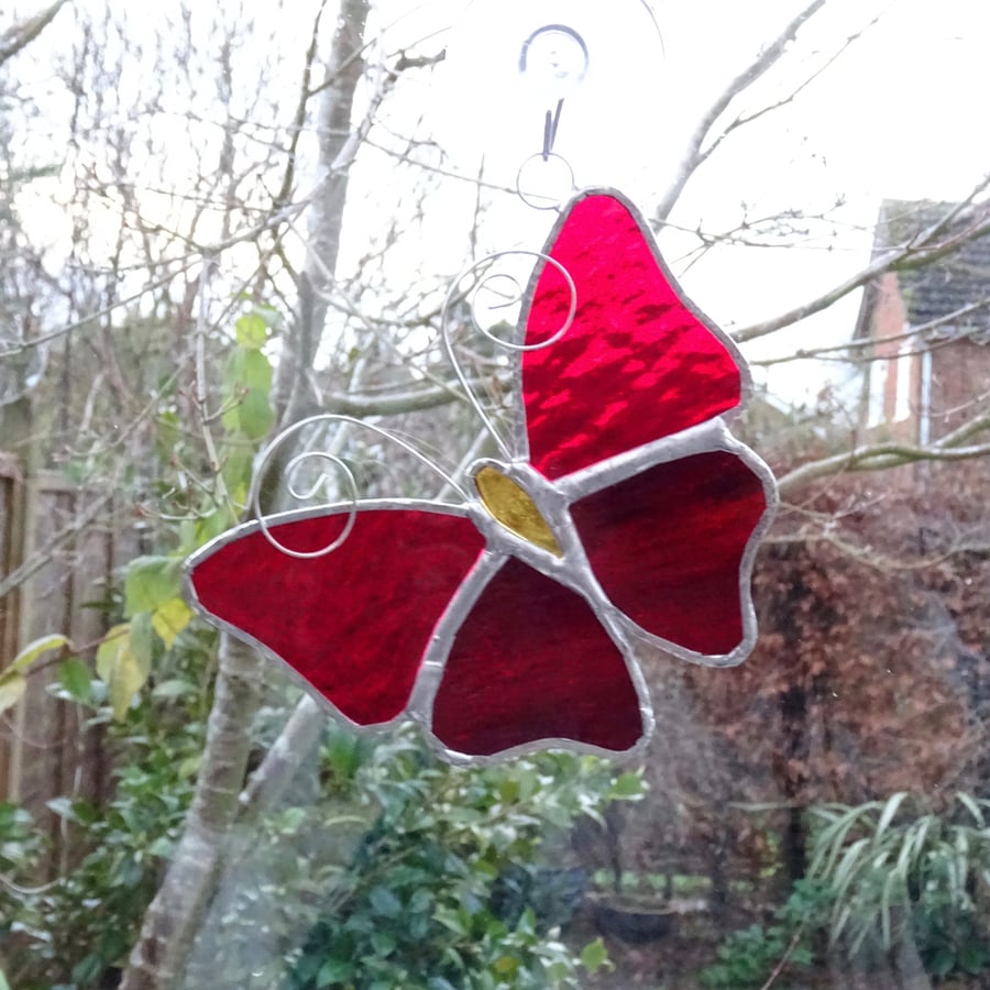 Stained Glass Butterfly Suncatcher - Handmade Decoration - Red