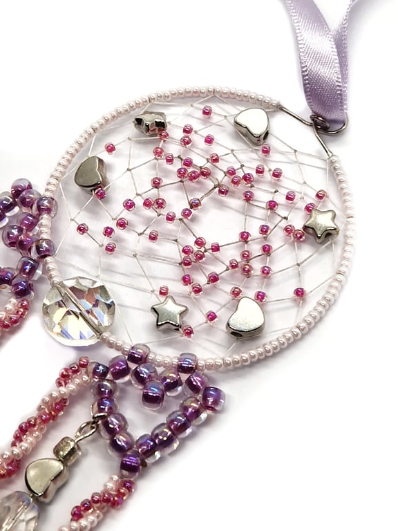 Pink purple and white love heart and stars beaded hanging dreamcatcher