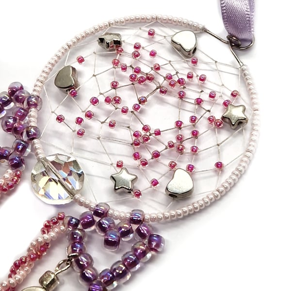 Pink purple and white love heart and stars beaded hanging dreamcatcher