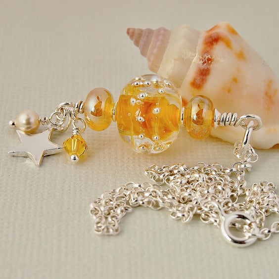 Golden Yellow Lampwork Glass Pendant - Necklace - Sterling Silver