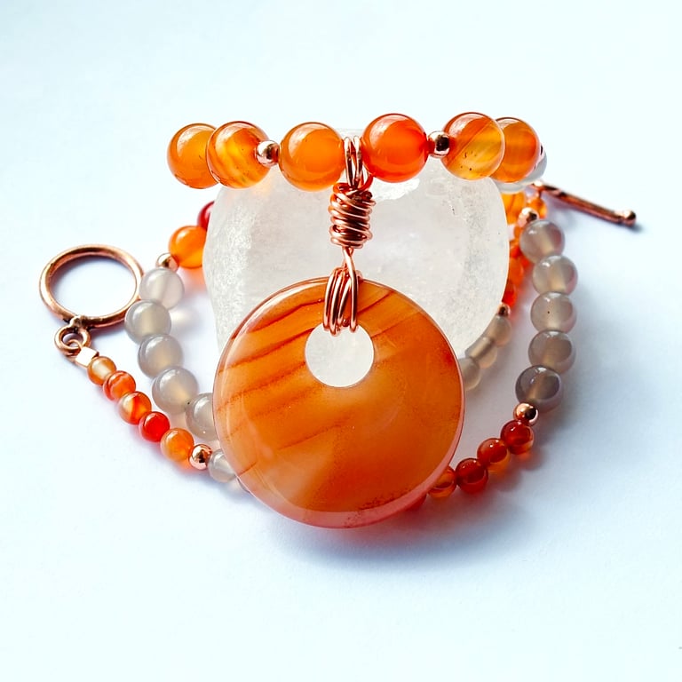 Carnelian & Agate Necklace, Gemstone Donut Pendant, Birthday, Anniversary Gift