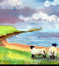 Sheep, Rhossili Bay, Gower, Watercolour Print, in 8 x 6 '' Mount