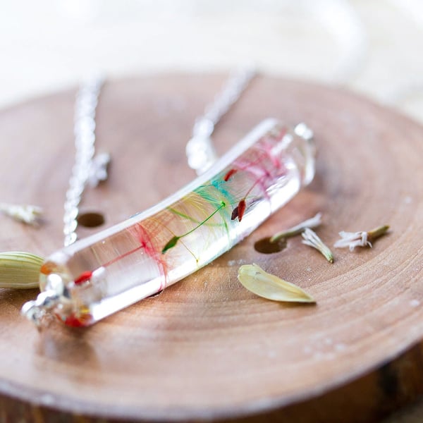 Dandelion Necklace Rainbow Wish Cylinder Gifts for Her Real Dandelion Botanical 