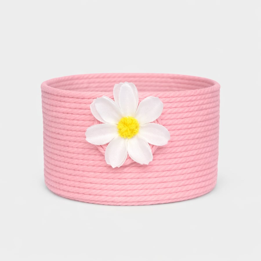 Handmade Pink Twine Pot Daisy Detail Rustic Storage Basket Floral Decor.