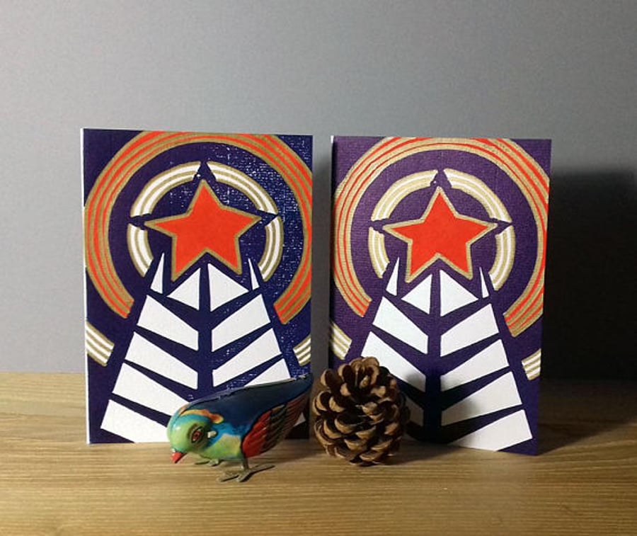 Fir Tree and Star Christmas Linocut Card