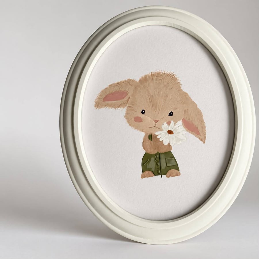 Image of Hand-Painted Bunny Wall Art, Framed Oval Acrylic Rabbit Painting Nursery Decor