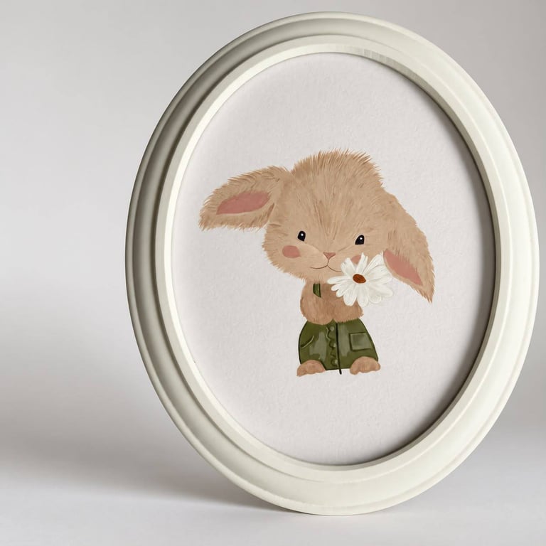 Hand-Painted Bunny Wall Art, Framed Oval Acrylic Rabbit Painting Nursery Decor