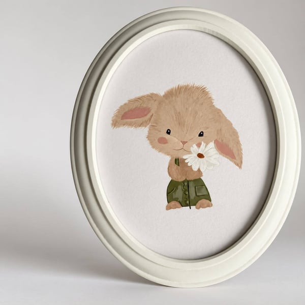 Hand-Painted Bunny Wall Art, Framed Oval Acrylic Rabbit Painting Nursery Decor