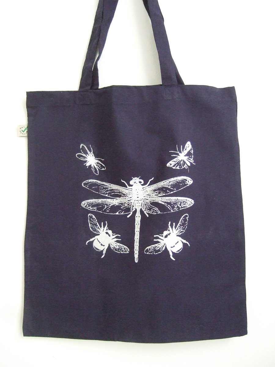 Dragonfly Bees organic cotton tote bag navy blue and silver print