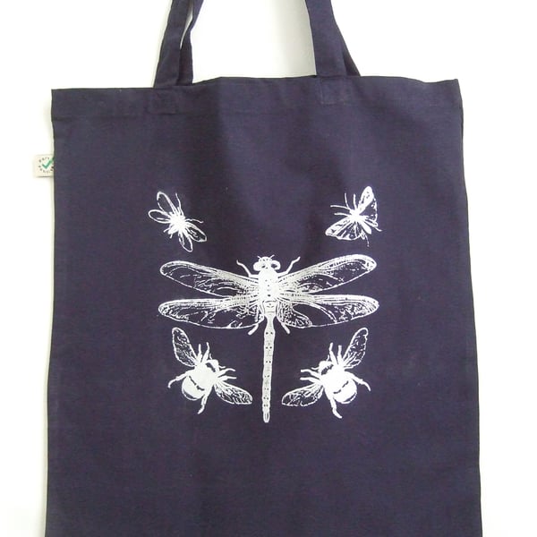 Dragonfly Bees organic cotton tote bag navy blue and silver print