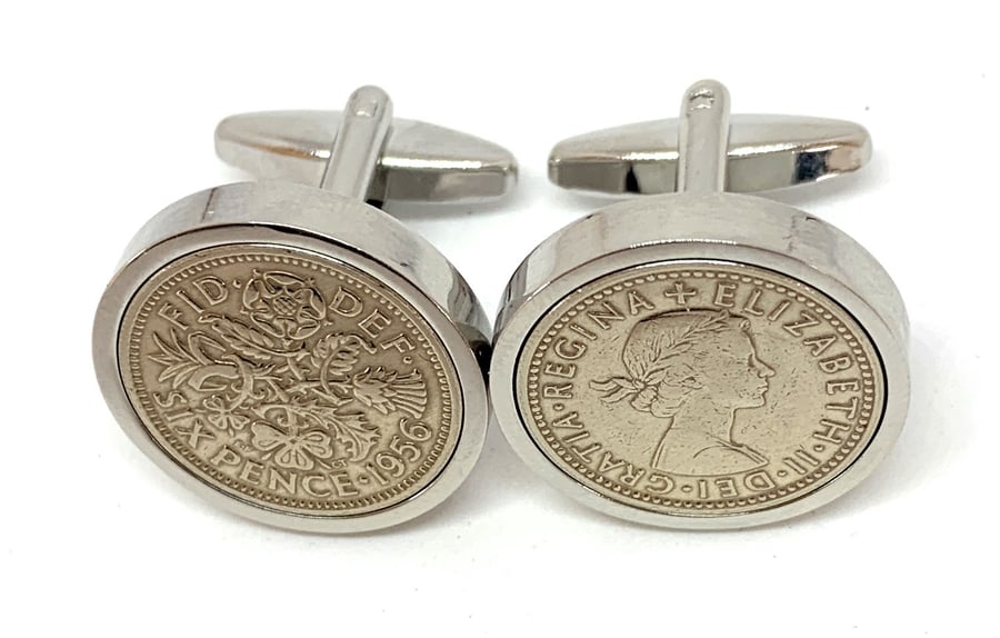 Luxury 1956 Sixpence Cufflinks for a 68th birthday. Original English coin inset 
