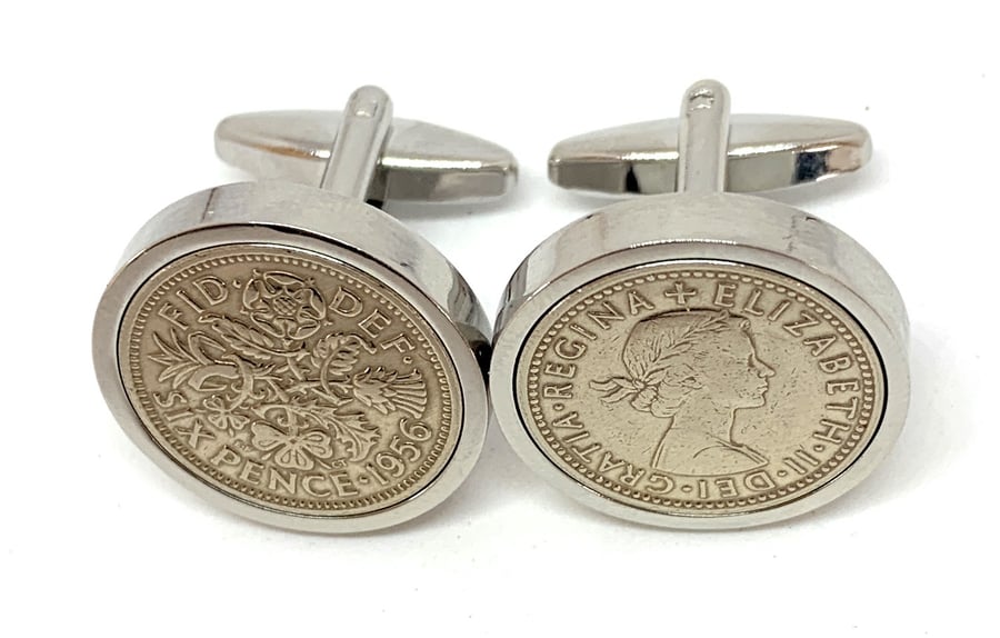Luxury 1956 Sixpence Cufflinks for a 69th birthday. Original English coin inset 