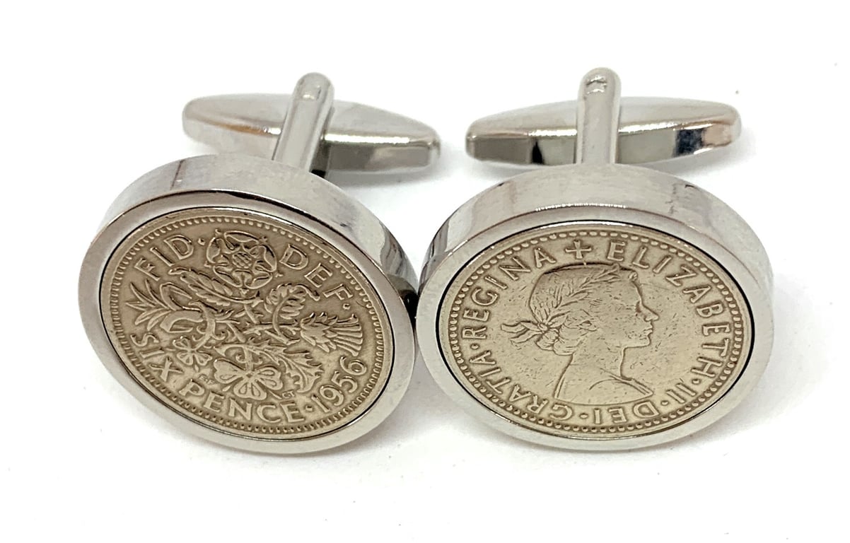 Luxury 1956 Sixpence Cufflinks for a 69th birthday. Original English coin inset 