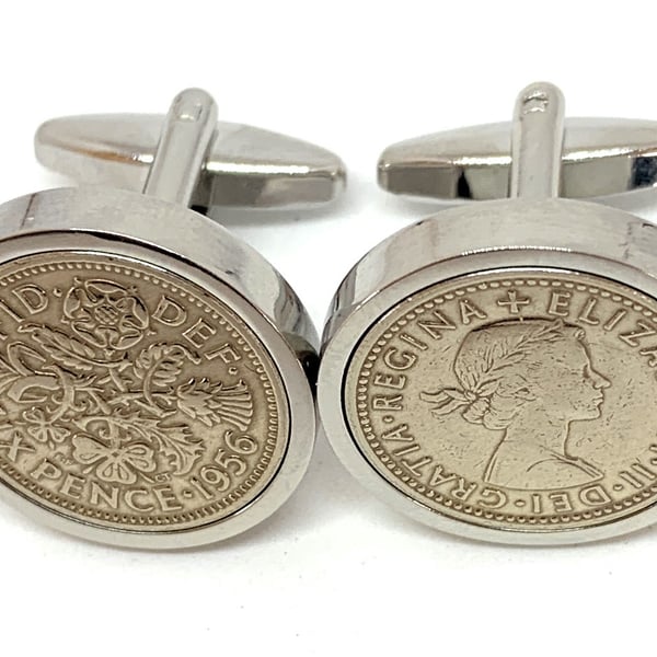 Luxury 1956 Sixpence Cufflinks for a 69th birthday. Original English coin inset 