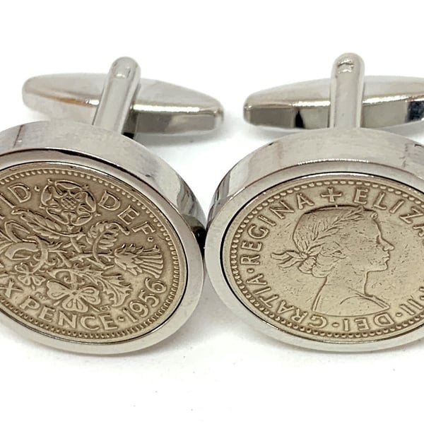 Luxury 1956 Sixpence Cufflinks for a 68th birthday. Original English coin inset 