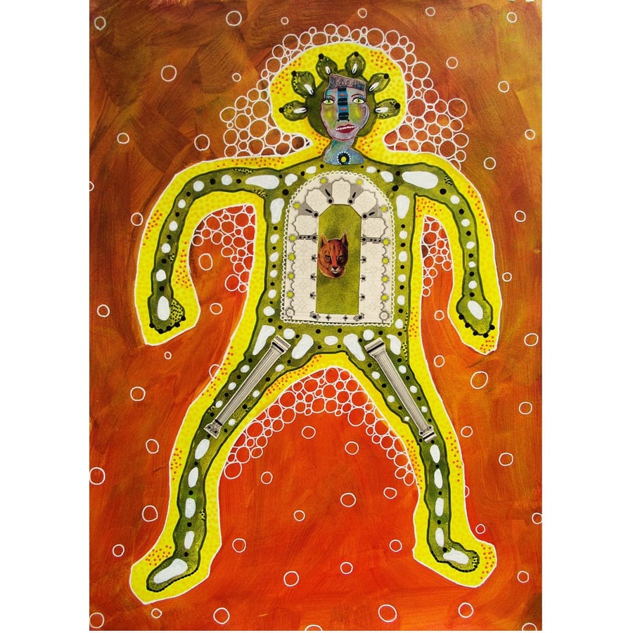 Original Figurative Painting Collage & Acrylic Tribal Primitive Illustration Art