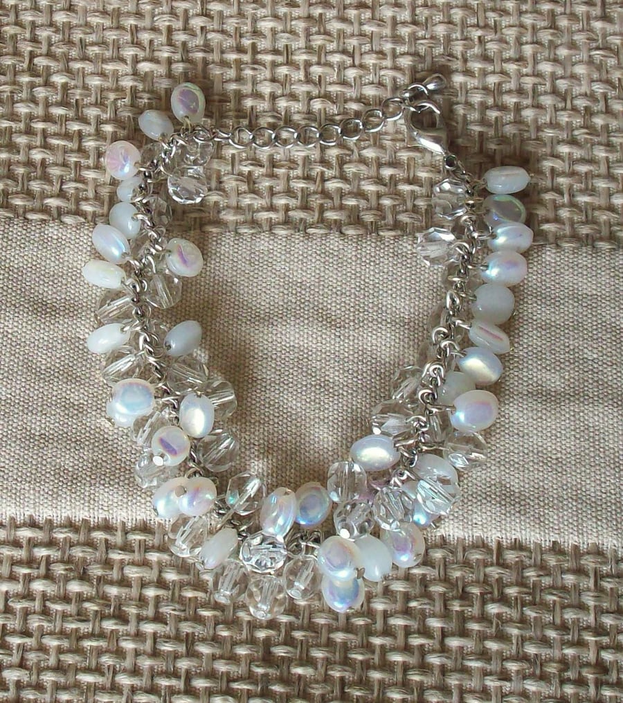 Sale- White iridescent and clear glass beaded bracelet