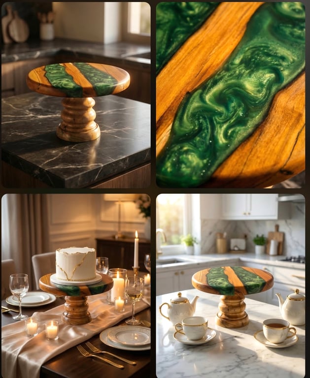 One-of-a-kind cake stand, made from apple wood, holly, and emerald green resin 