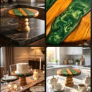 One-of-a-kind cake stand, made from apple wood, holly, and emerald green resin 