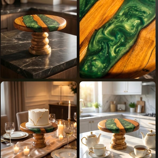 One-of-a-kind cake stand, made from apple wood, holly, and emerald green resin 