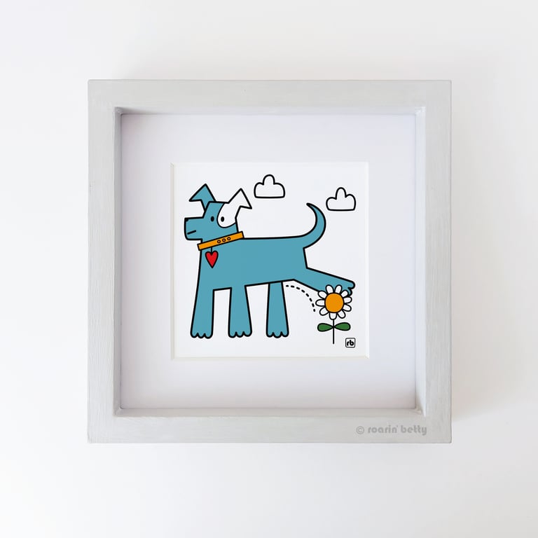Watering The Flowers, dog peeing on a flower illustration, Giclee print
