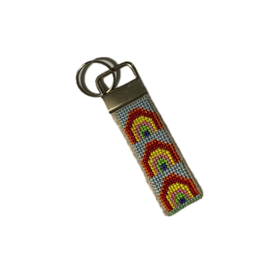 Rainbow Cross Stitch Keyring: Linen & Cotton Webbing Key Fob