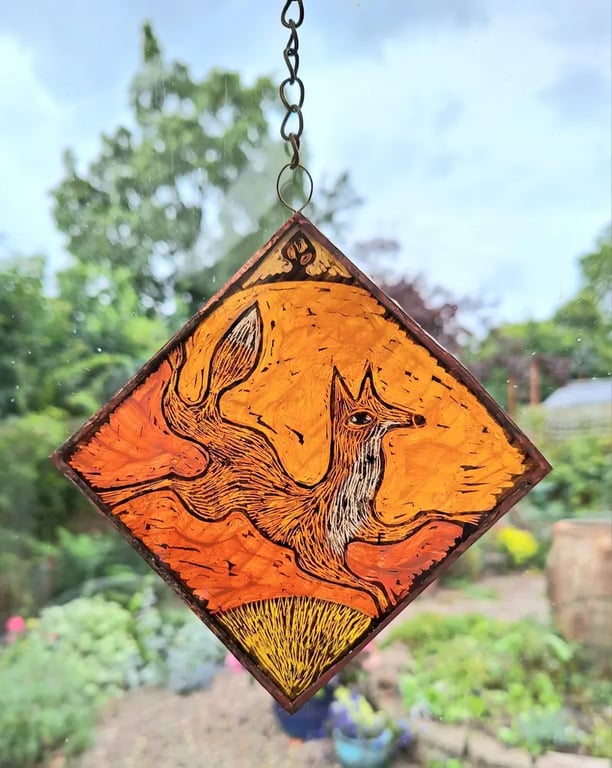 GLASS FOX SUNCATCHER WINDOW PANEL  HAND PAINTED FOX. 5 x 5 inches.