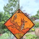 GLASS FOX SUNCATCHER WINDOW PANEL  HAND PAINTED FOX. 5 x 5 inches.