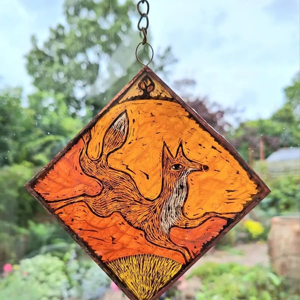 GLASS FOX SUNCATCHER WINDOW PANEL  HAND PAINTED FOX. 5 x 5 inches.