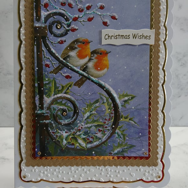 Christmas Card Christmas Wishes Robins Garden Gate 3D Luxury Handmade