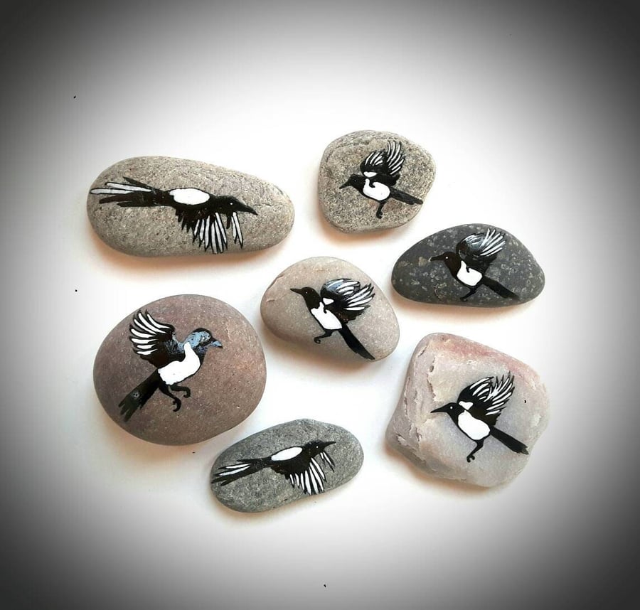 Seven Secret Magpies Story Stones Set of 7 - Handmade Nature Inspired Bird Art