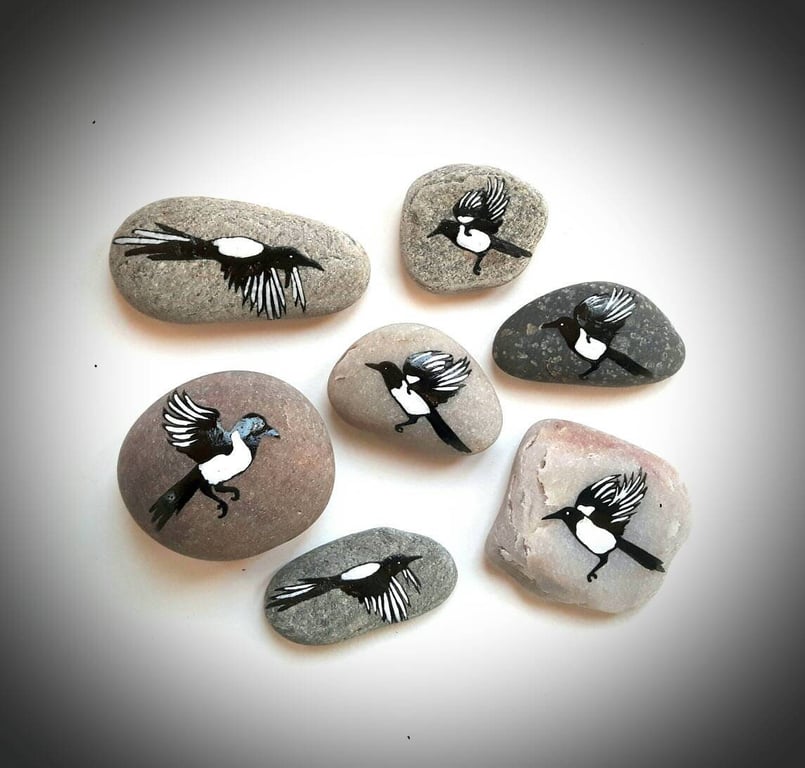 Seven Secret Magpies Story Stones Set of 7 - Handmade Nature Inspired Bird Art