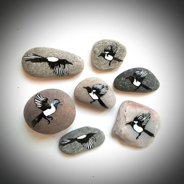 Seven Secret Magpies Story Stones Set of 7 - Handmade Nature Inspired Bird Art