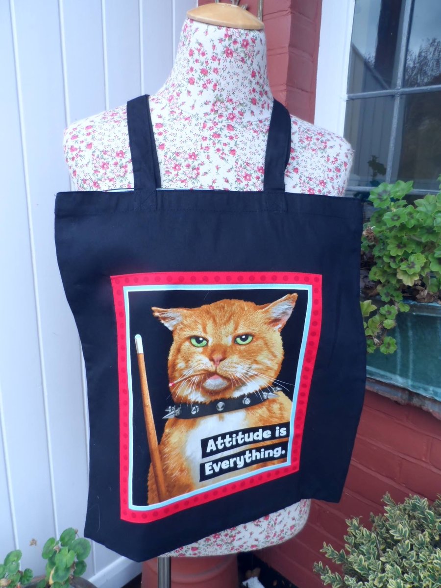 Cat Tote Shopping bag in cotton, applique cat motif, 'Attitude is Everything'