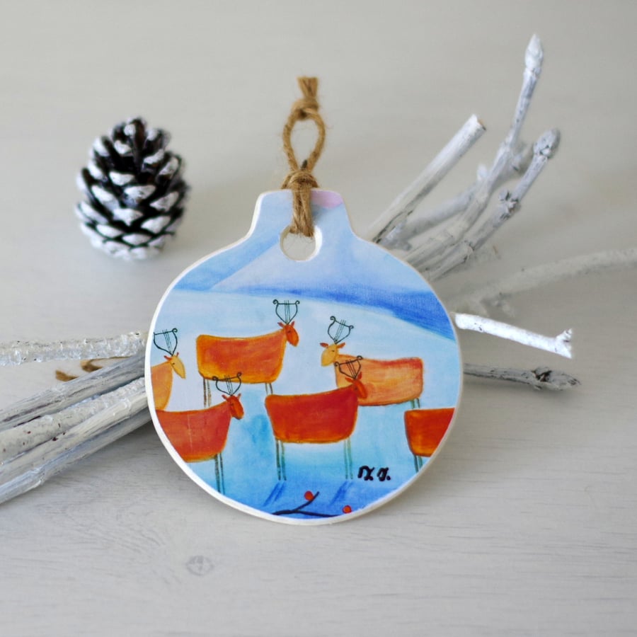 Christmas Ornament, Winter Landscape Decoration, Whimsical Ornament with Deer