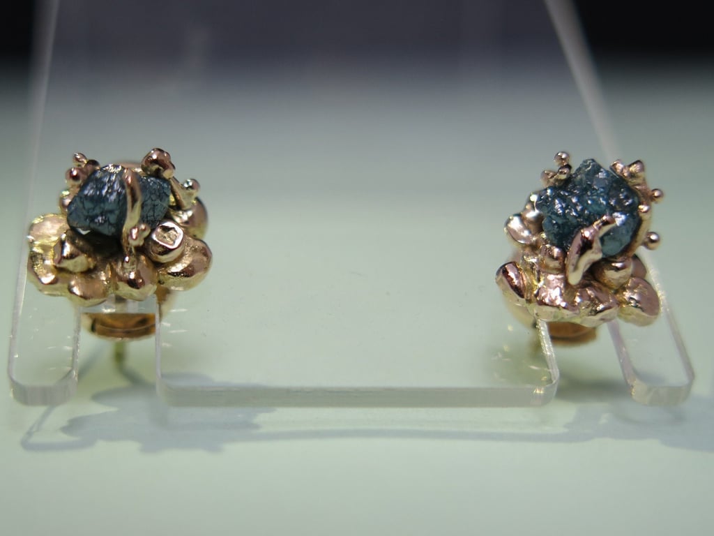 Handmade 14ct Gold Raw Blue Diamond Stud Earrings