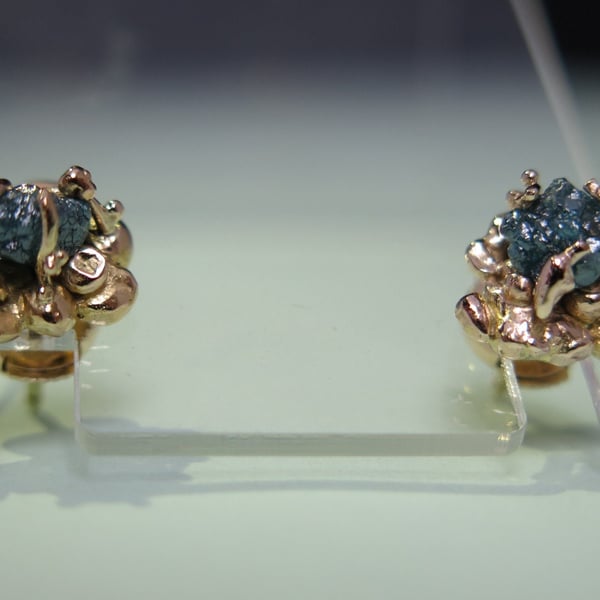 Handmade 14ct Gold Raw Blue Diamond Stud Earrings