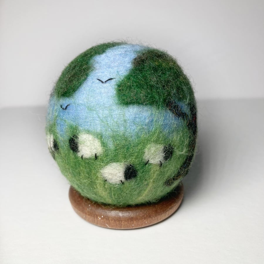 Felted Orb, decorative ornament, Sheep and trees (2)