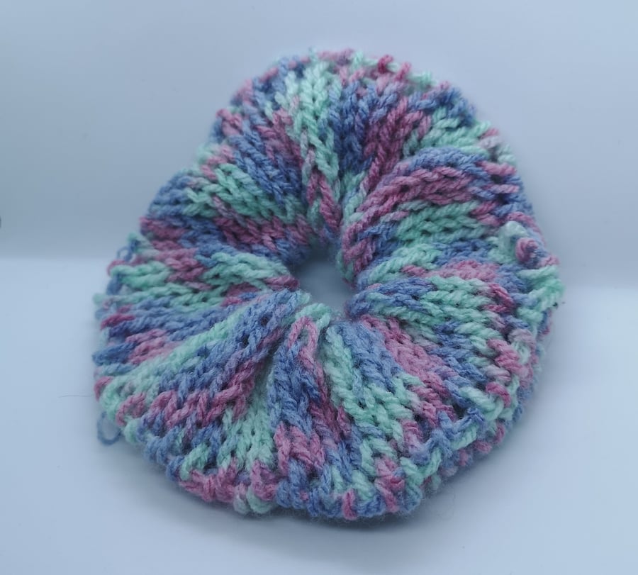 Handknitted pink, purple and mint scrunchie