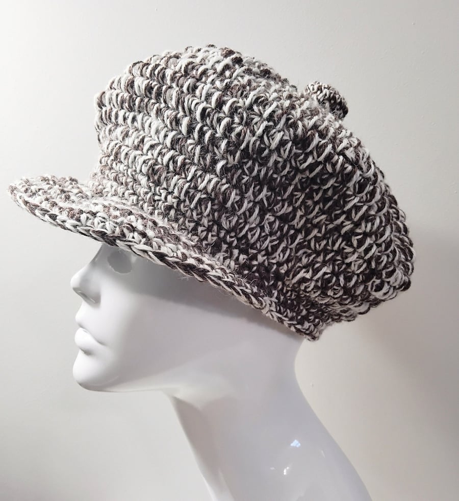 Woollen Crochet Baker Boy Cap in Brown and Cream with Dark Brown Lining