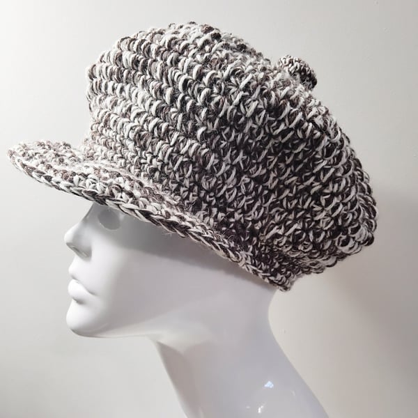 Woollen Crochet Baker Boy Cap in Brown and Cream with Dark Brown Lining