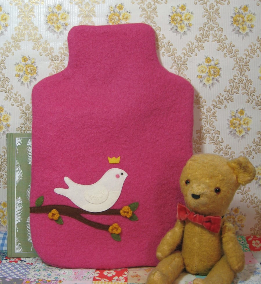 Raspberry coloured vintage wool hot water bottle cosy