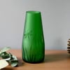 Green recycled bottle vase, etched glass vase with dragonfly design