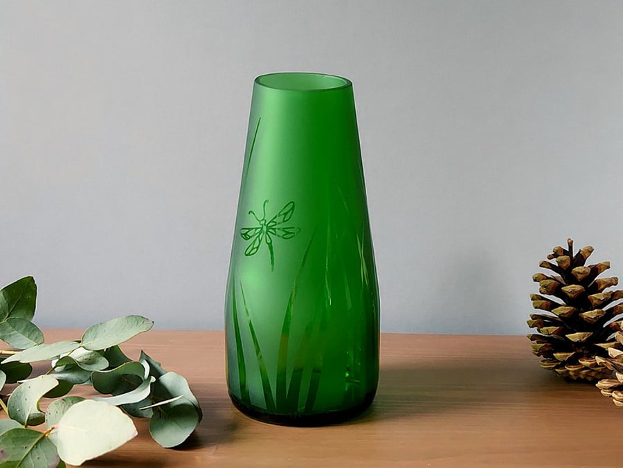 Green recycled bottle vase, etched glass vase with dragonfly design