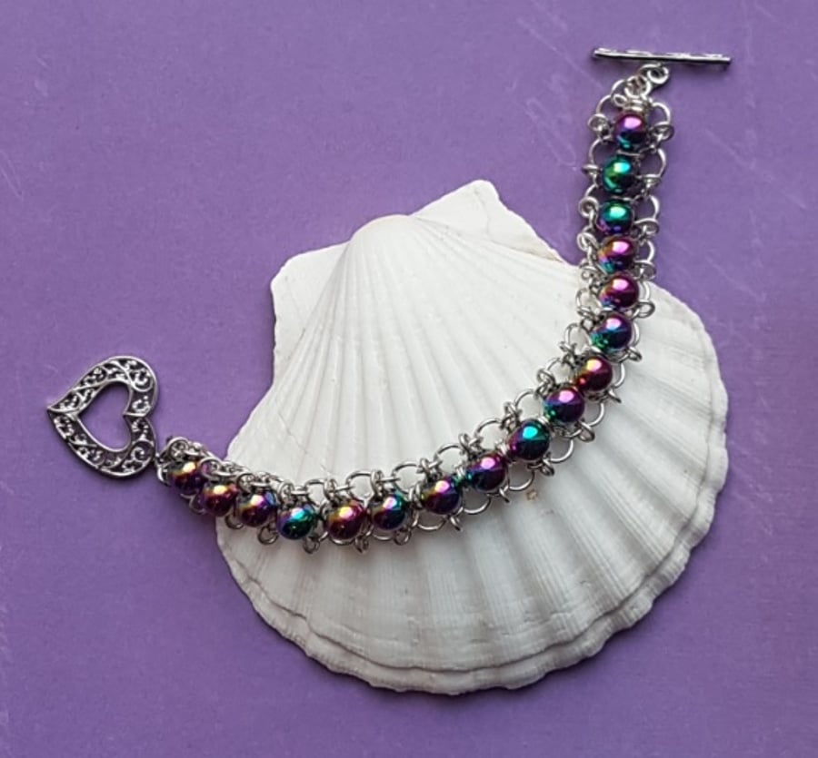 Rainbow Haematite beads in Sterling Silver Mesh Bracelet
